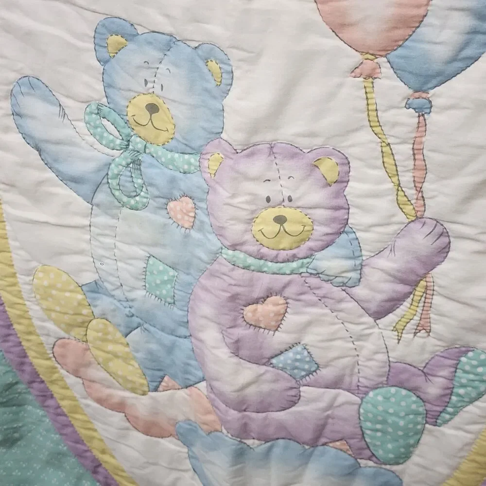 Vintage Bedtime Originals Teddy Bear Balloons Pastel Baby Crib Quilt Blanket